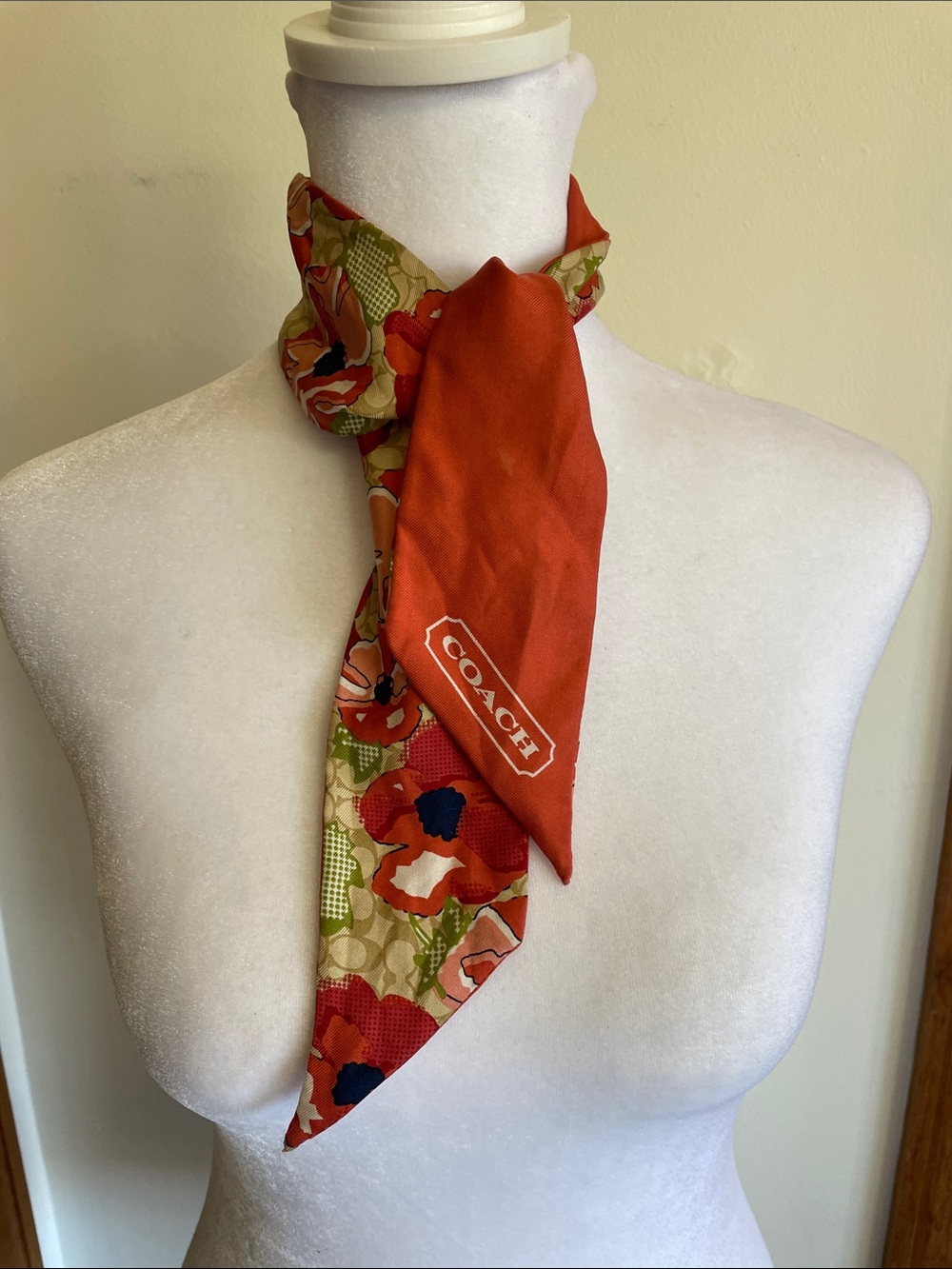 COACH Orange Floral Silk Twilly Skinny Scarf with White Monogram Logo - Picture 10 of 15
